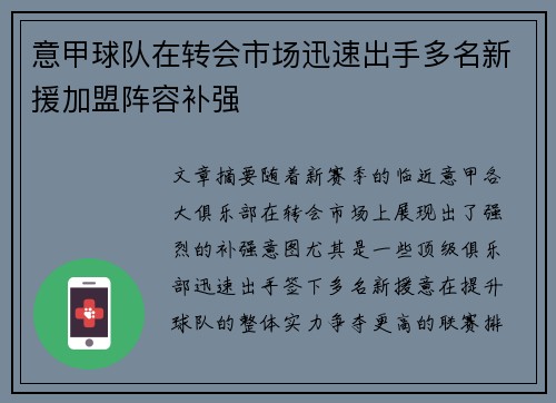 意甲球队在转会市场迅速出手多名新援加盟阵容补强