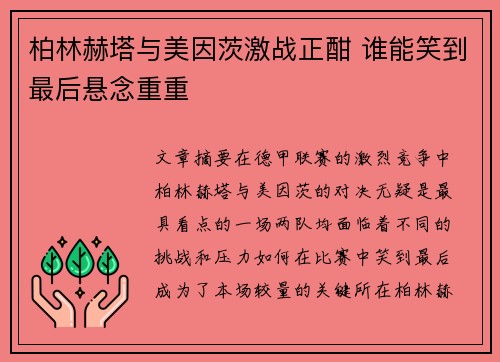 柏林赫塔与美因茨激战正酣 谁能笑到最后悬念重重