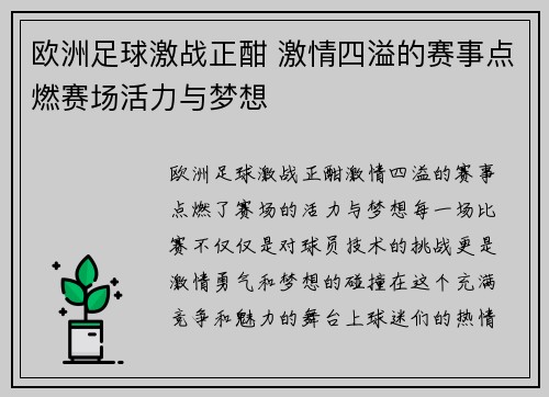 欧洲足球激战正酣 激情四溢的赛事点燃赛场活力与梦想