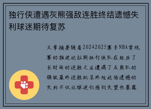 独行侠遭遇灰熊强敌连胜终结遗憾失利球迷期待复苏