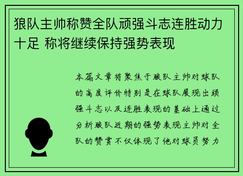 狼队主帅称赞全队顽强斗志连胜动力十足 称将继续保持强势表现