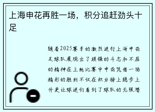 上海申花再胜一场，积分追赶劲头十足