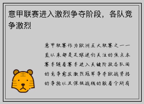 意甲联赛进入激烈争夺阶段，各队竞争激烈
