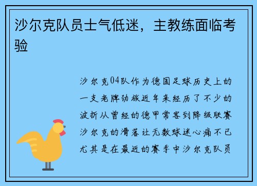 沙尔克队员士气低迷，主教练面临考验
