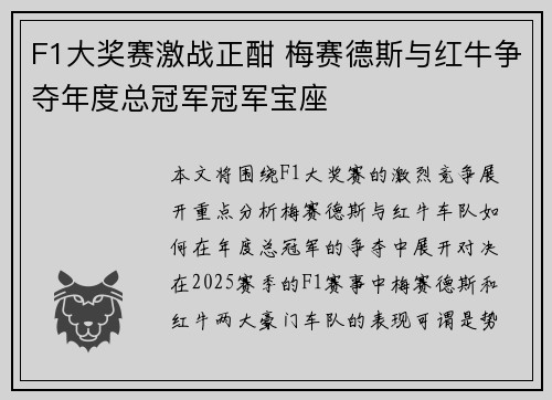 F1大奖赛激战正酣 梅赛德斯与红牛争夺年度总冠军冠军宝座