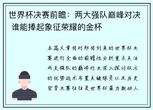 世界杯决赛前瞻：两大强队巅峰对决 谁能捧起象征荣耀的金杯