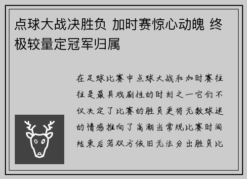 点球大战决胜负 加时赛惊心动魄 终极较量定冠军归属