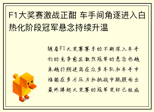 F1大奖赛激战正酣 车手间角逐进入白热化阶段冠军悬念持续升温