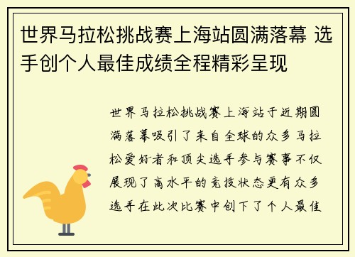 世界马拉松挑战赛上海站圆满落幕 选手创个人最佳成绩全程精彩呈现